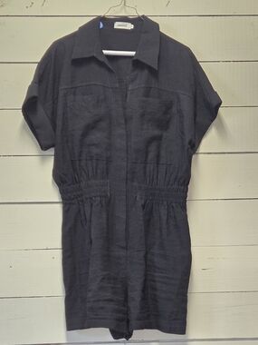Black Short-Sleeve Linen Romper